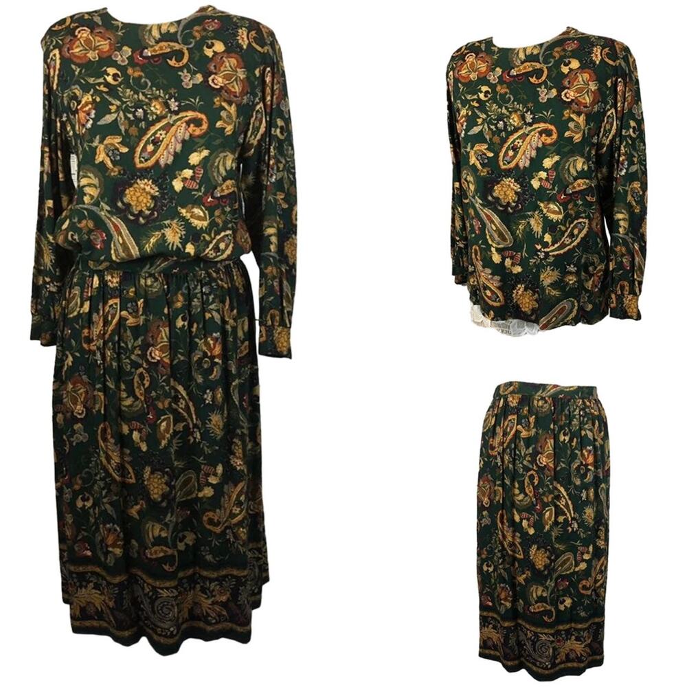 Vintage 70's Alfred Dunner Green Paisley long skirt & matching top size 12 p